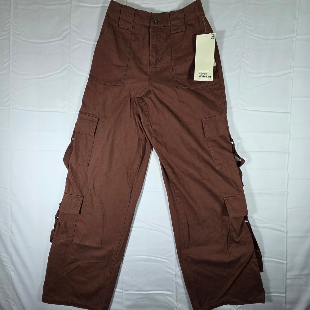 No Boundaries Womens Wide Leg Cargo Pants Brown XXS 00 High Rise Utility Straps